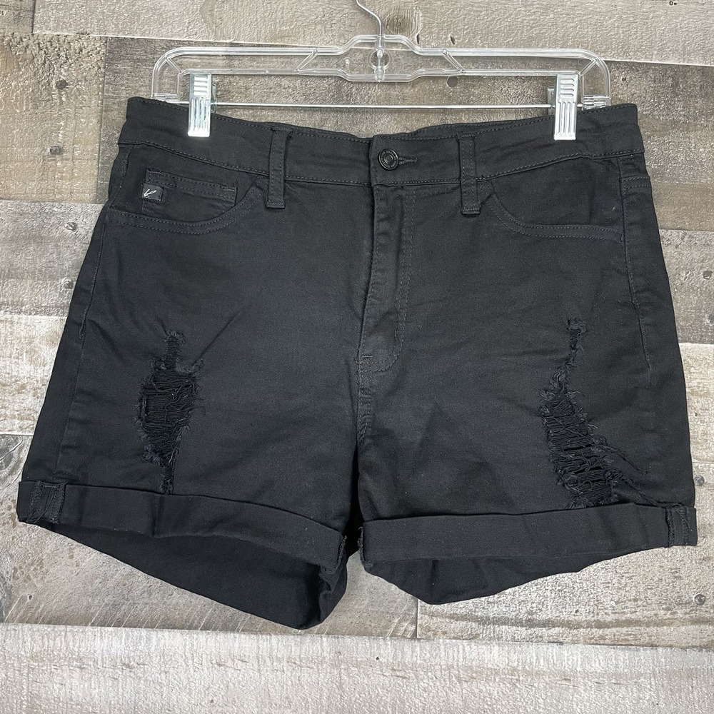 KanCan Cuffed Distressed Denim Black Jean Shorts Women's Size 11‎ 29 Stretch